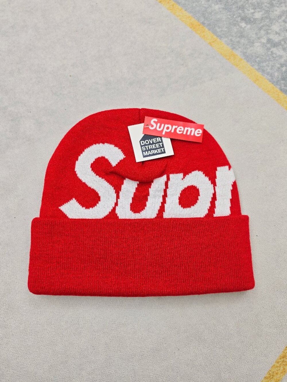 Supreme Red and White Knit Beanie with Large Logo
